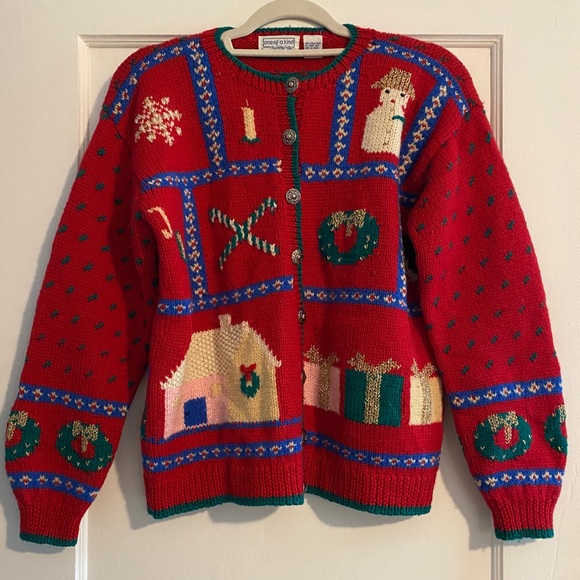 Rare VTG One of a Kind by Shirley Duffy Wool Red Ugly Christmas Sweater Size L - Picture 1 of 10